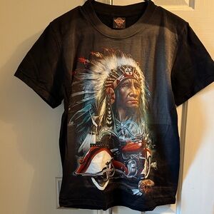 Vintage RockEagle 1995 Black T-Shirt with Native American and Motorcycle Design